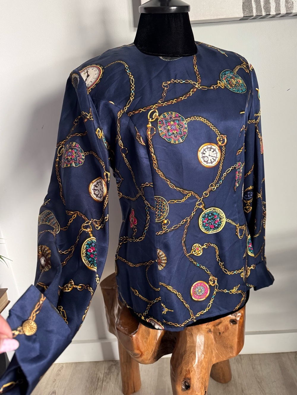 Vintage Talbots Silk Navy Blue Gold Chain Pocket Watch Print Long Sleeve Blouse